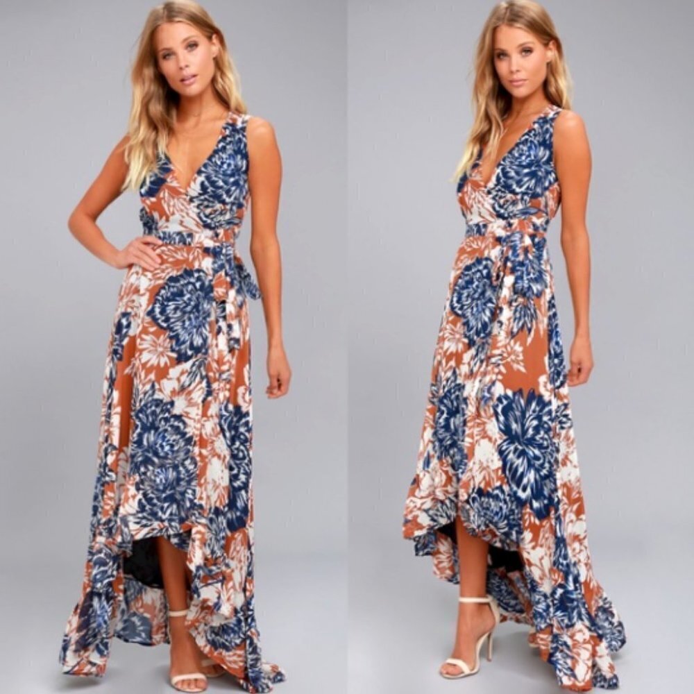 NWT Lulus Desert Trip Rust Orange Floral Print High-Low Maxi Wrap Dress Sz S